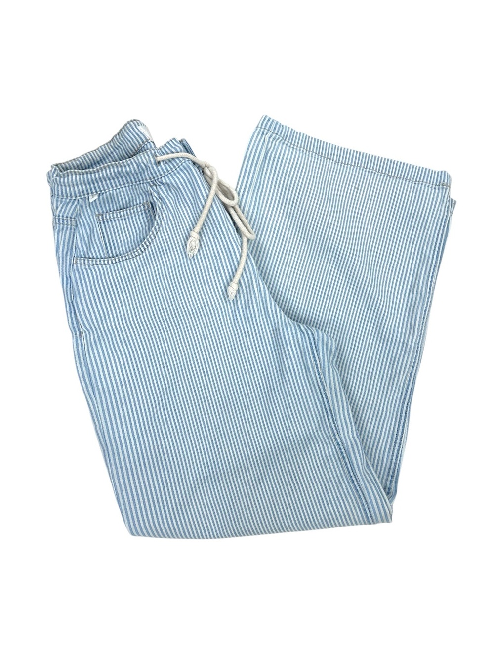 Ceros Blue White Railroad Stripe Wide Leg Crop Pants Drawstring Waist Size 1